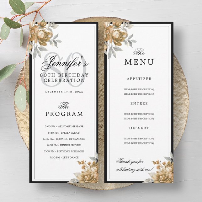 Elegant guldblommig 80-årsdag Program Meny  (Elegant Gold Floral 80th Birthday Program Menu )
