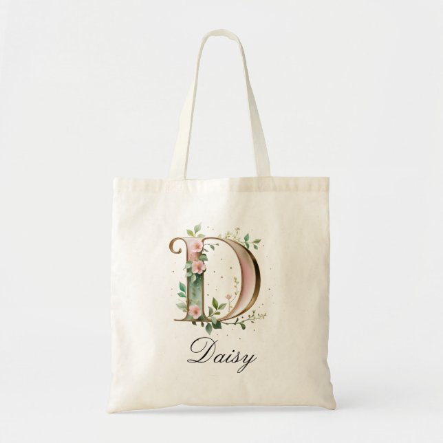 Elegant guldblommig bokstav D monogram handväskor Tygkasse (Framsidan)