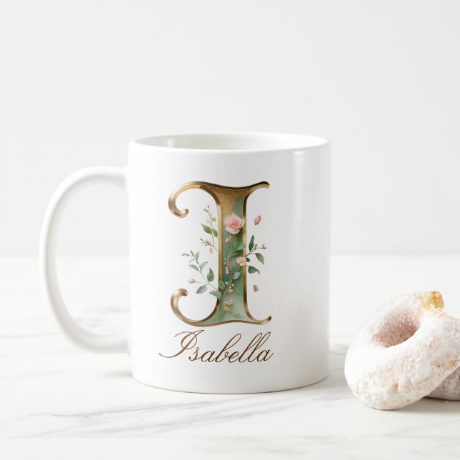 Elegant guldblommig bokstav I monogrammuppmug Kaffemugg (Med munk)