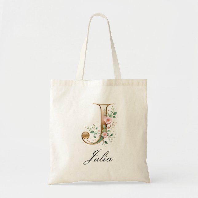 Elegant guldblommig bokstav J monogram handväska Tygkasse (Framsidan)