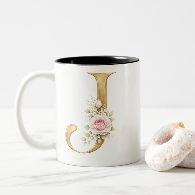 Elegant guldblommig bokstav J monogram logotyp Två-Tonad Mugg (Med munk)