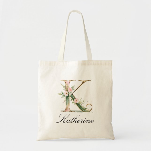 Elegant guldblommig bokstav K monogram handväska Tygkasse (Framsidan)
