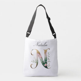 Elegant guldblommig bokstav N crossbody väska
