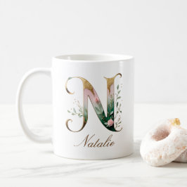 Elegant guldblommig bokstav N monogrammugge Kaffemugg