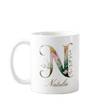 Elegant guldblommig bokstav N monogrammugge
