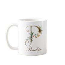 Elegant guldblommig bokstav P monogrammugge