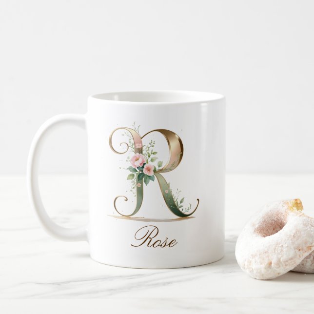 Elegant guldblommig bokstav R monogram kaffekopp (Med munk)