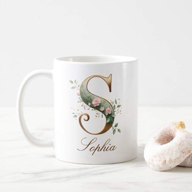 Elegant guldblommig bokstav S monogrammugge Kaffemugg (Med munk)