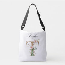 Elegant guldblommig bokstav T crossbody väska