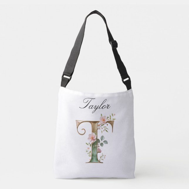 Elegant guldblommig bokstav T crossbody väska (Framsida)