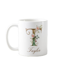 Elegant guldblommig bokstav T monogrammuppa