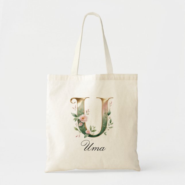 Elegant guldblommig bokstav U monogram handväska Tygkasse (Framsidan)
