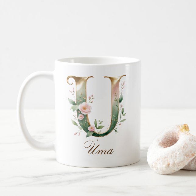 Elegant guldblommig bokstav U monogrammuppa Kaffemugg (Med munk)