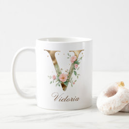 Elegant guldblommig bokstav V monogramm kopp