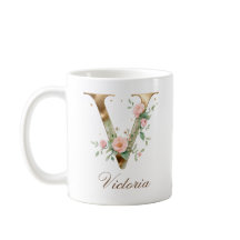 Elegant guldblommig bokstav V monogramm kopp