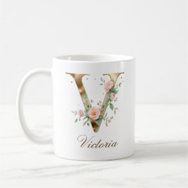 Elegant guldblommig bokstav V monogramm kopp