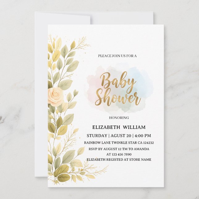 Elegant guldblommig botanisk baby shower  inbjudningar (Framsida)