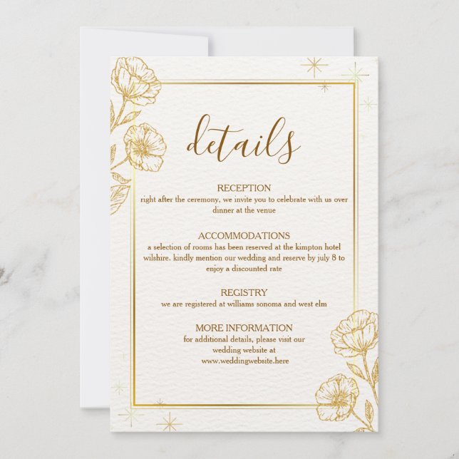 Elegant guldblommig bröllopsdetaljkort kort (Framsida)