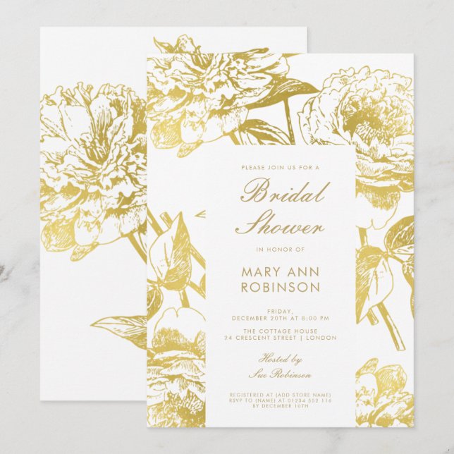 Elegant guldblommig bröllopsdusch inbjudningar (Fram/baksida)