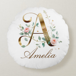 Elegant guldblommig initial A rund kastkudde Kudde