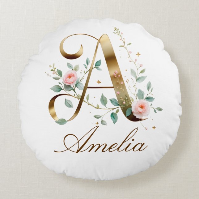 Elegant guldblommig initial A rund kastkudde Kudde (Framsidan)