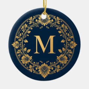 Elegant guldblommig monogramdesign julgransprydnad keramik