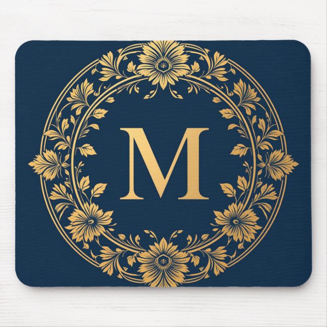 Elegant guldblommig monogramdesign musmatta (Framsidan)