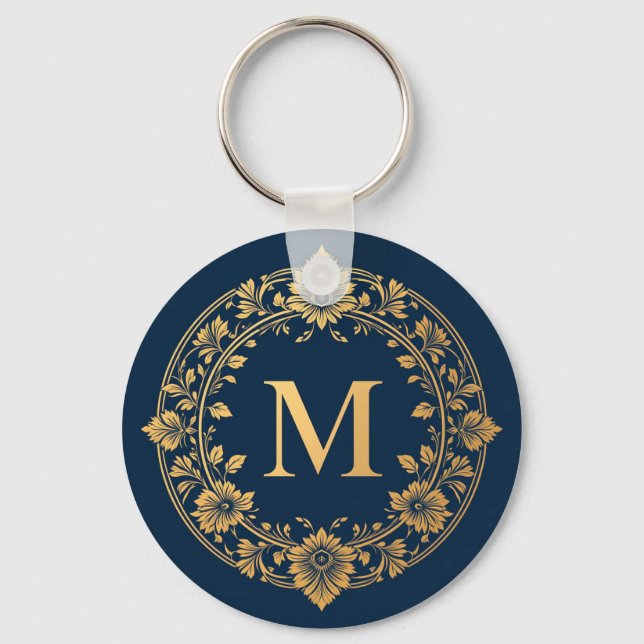 Elegant guldblommig monogramdesign nyckelring (Framsida)