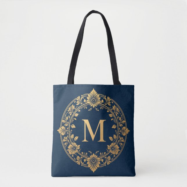 Elegant guldblommig monogramdesign tygkasse (Framsida)
