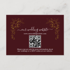 Elegant guldblommig mörkborgeröd QR-kod bröllop  Tilläggskort