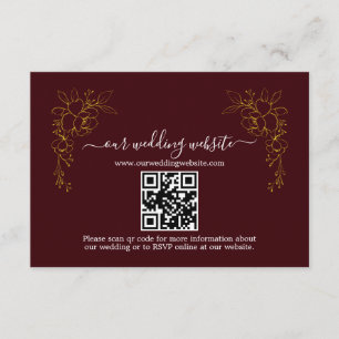 Elegant guldblommig mörkborgeröd QR-kod bröllop Tilläggskort