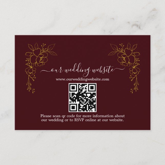 Elegant guldblommig mörkborgeröd QR-kod bröllop  Tilläggskort (Framsida)