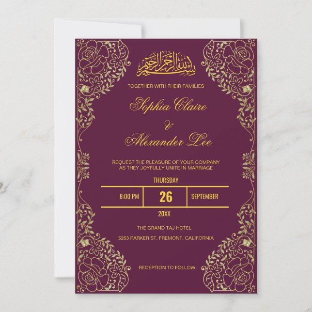 Elegant guldblommig ram Islamisk muslimsk bröllop Inbjudningar (Framsida)