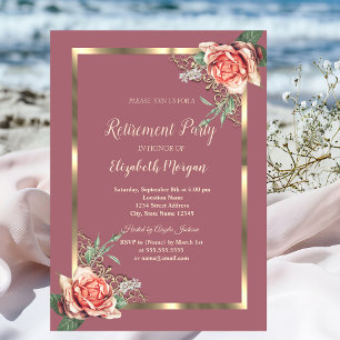 Elegant guldblommig ram Rosor Pensionering Inbjudningar