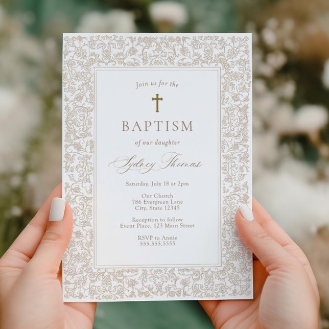 Elegant guldblommig traditionell dopinvitation  inbjudningar (Skapare uppladdad)