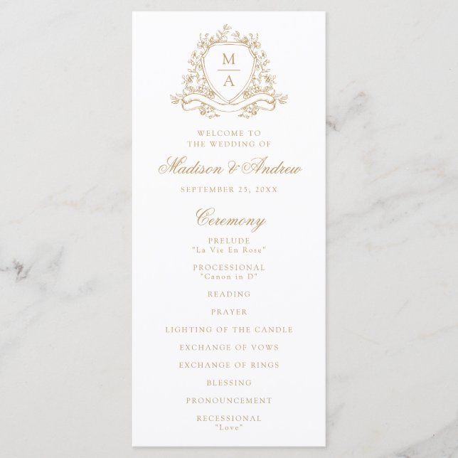 Elegant guldblommig vapensköld Monogram bröllop Program (Framsida)