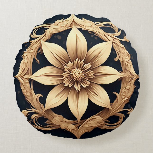 Elegant Guldblomsdesign Rund Kudde (Framsidan)