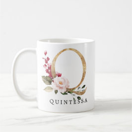 Elegant guldblush rosa blomma Bokstav Q Kaffemugg