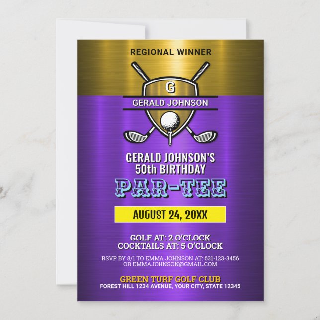 Elegant guldbrokod golfmonogramdesign inbjudningar (Framsida)