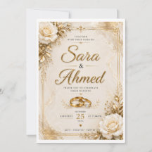 Elegant guldbröllopsinbjudan | Klassisk blomster W