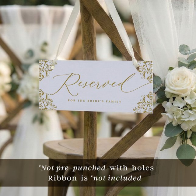Elegant guldbröllopsstol eller radskylt (Elegant vintage gold wedding reserved card to hang on chairs - Ribbon not included.)