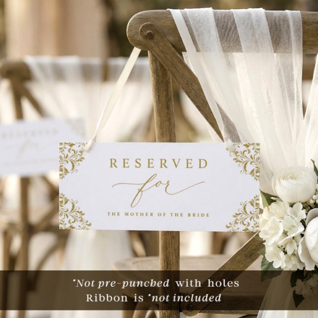 Elegant guldbröllopsstol eller radskylt (Elegant vintage gold wedding reserved cards to hang on chairs)