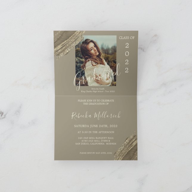 Elegant guldbrun grön examensfest foto inbjudan (Inuti)