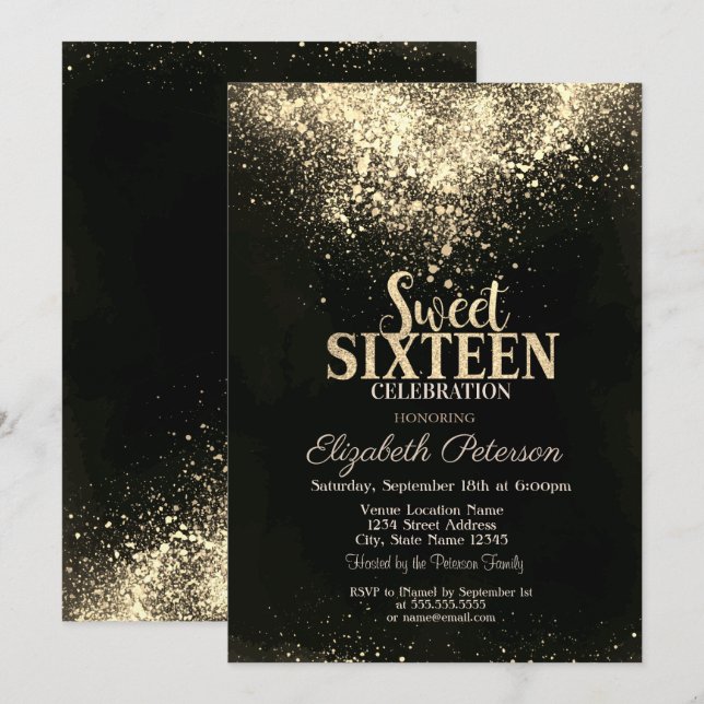Elegant guldconfetti, svart Sweet 16 Inbjudningar (Fram/baksida)