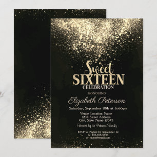 Elegant guldconfetti, svart Sweet 16 Inbjudningar