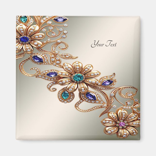 Elegant guldfärgad ädelstensblomma magnet (Framsidan)