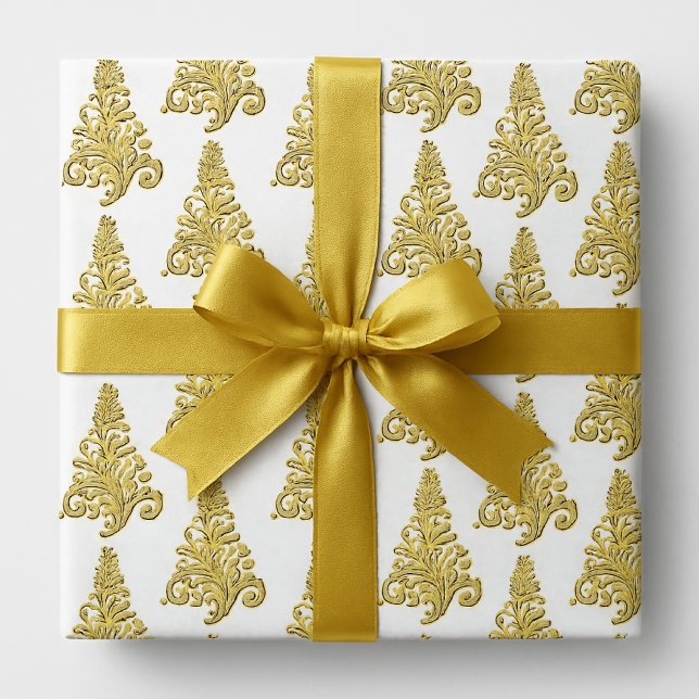 Elegant guldfärgad och vit julgran presentpapper (Elegant gold and white Christma wrapping paper)