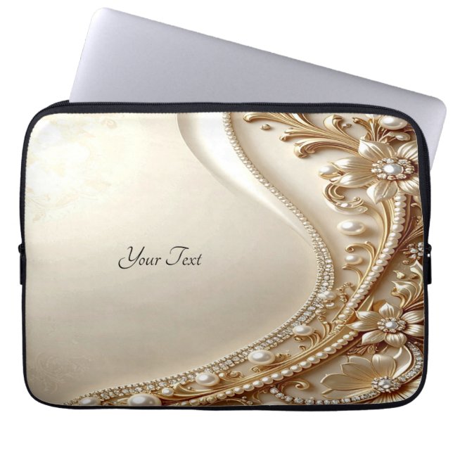 Elegant guldfärgad utsmyckad blommig laptopsleeve laptop fodral (Framsidan)