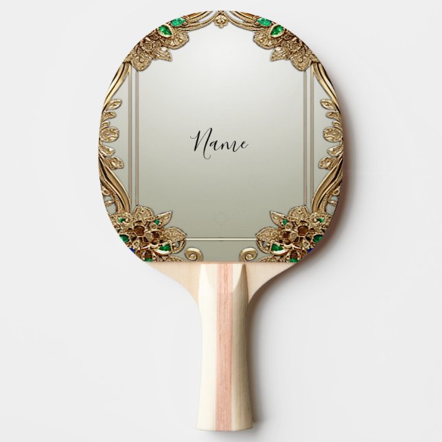 Elegant guldfärgad utsmyckad pingisracket (Framsidan)
