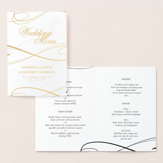 Elegant Guldfettbyten Bröllop Menu Folierat Kort (Display)